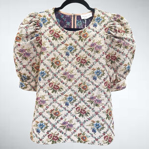 Entro Women’s Tapestry Botanical Floral Puff Sleeve Top Size S